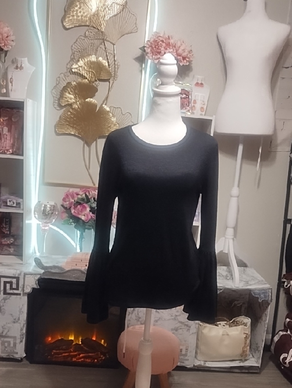 Banana Republic Black Long-Sleeve Bell-Sleeve Crewneck Top